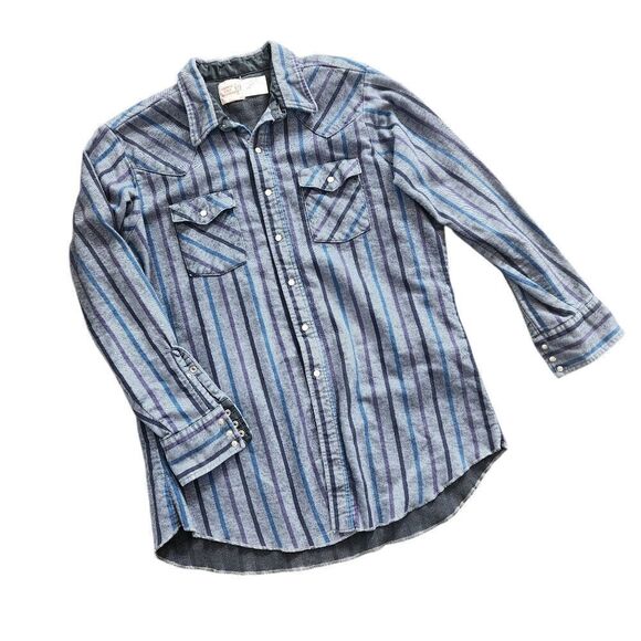 Vtg Saddle King Western Shirt Mens 2X: 18.5 Long Sleeve Blue Stripe Pearl Snap - Picture 1 of 9